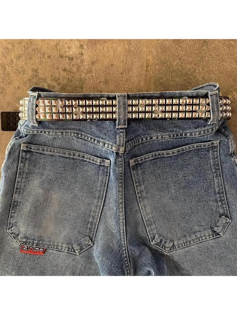 Vintage y2k 2000s Punk Style green camoDiamond Studded black essential belt